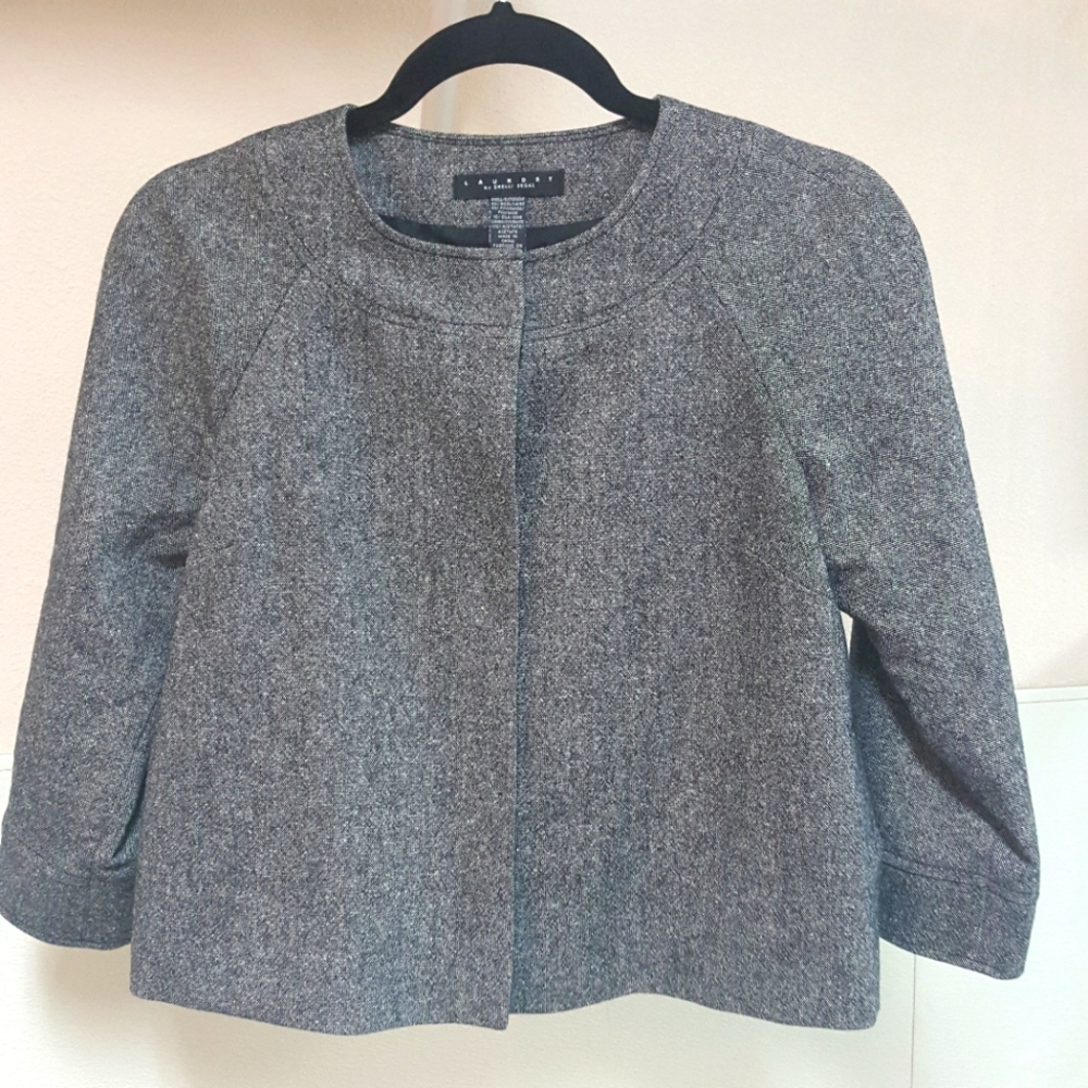 0 LAUNDRY BY SHELLI SEGAL BLENDED BLACK & WHITE THAT LOOKS GRAY SHRUG JACKET